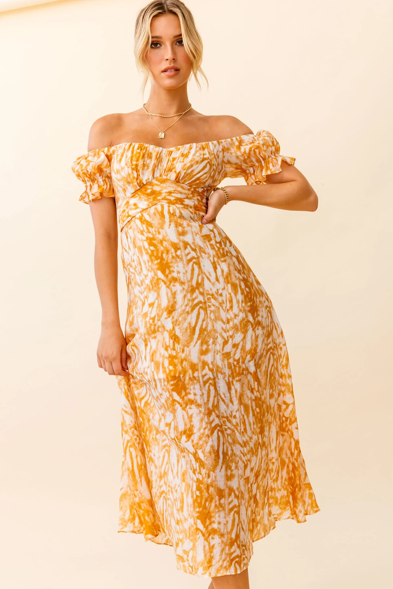 Linka Off-Shoulder Tie Back Midi Dress Printed Orange - Image 8