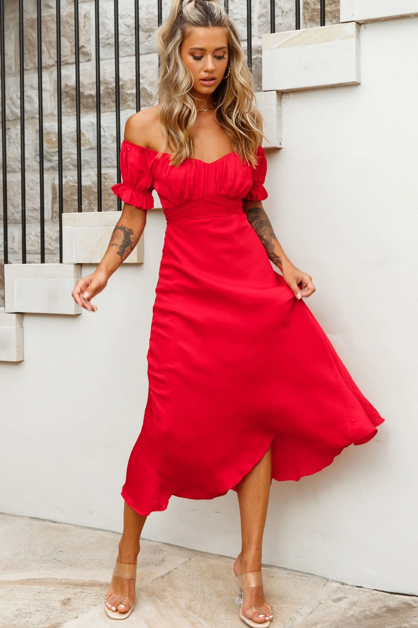 Linka Off-Shoulder Tie Back Midi Dress Red - Image 2