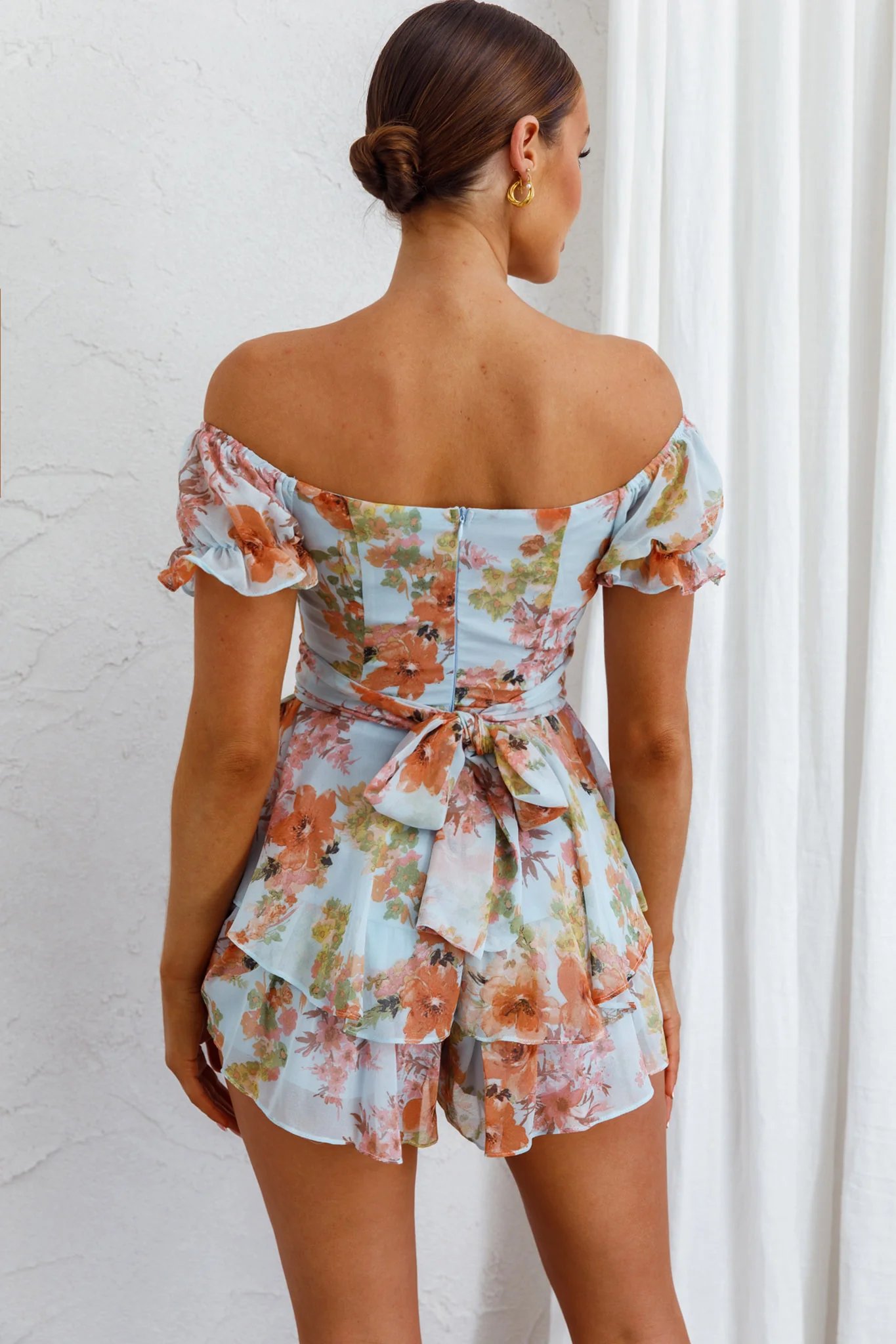 Linka Off-Shoulder Tie Back Romper Floral Blue - Image 6