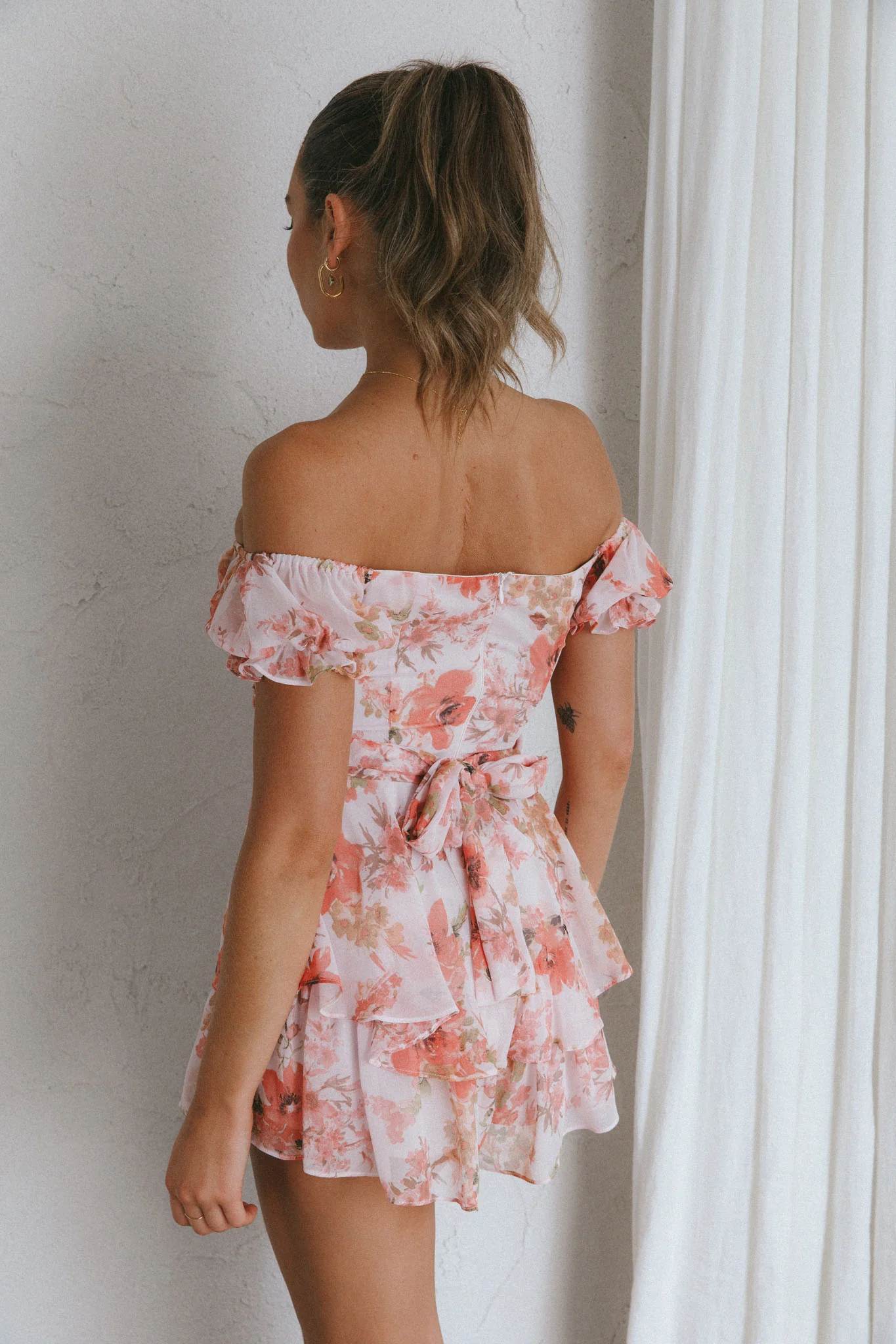 Linka Off-Shoulder Tie Back Romper Floral Pink - Image 2