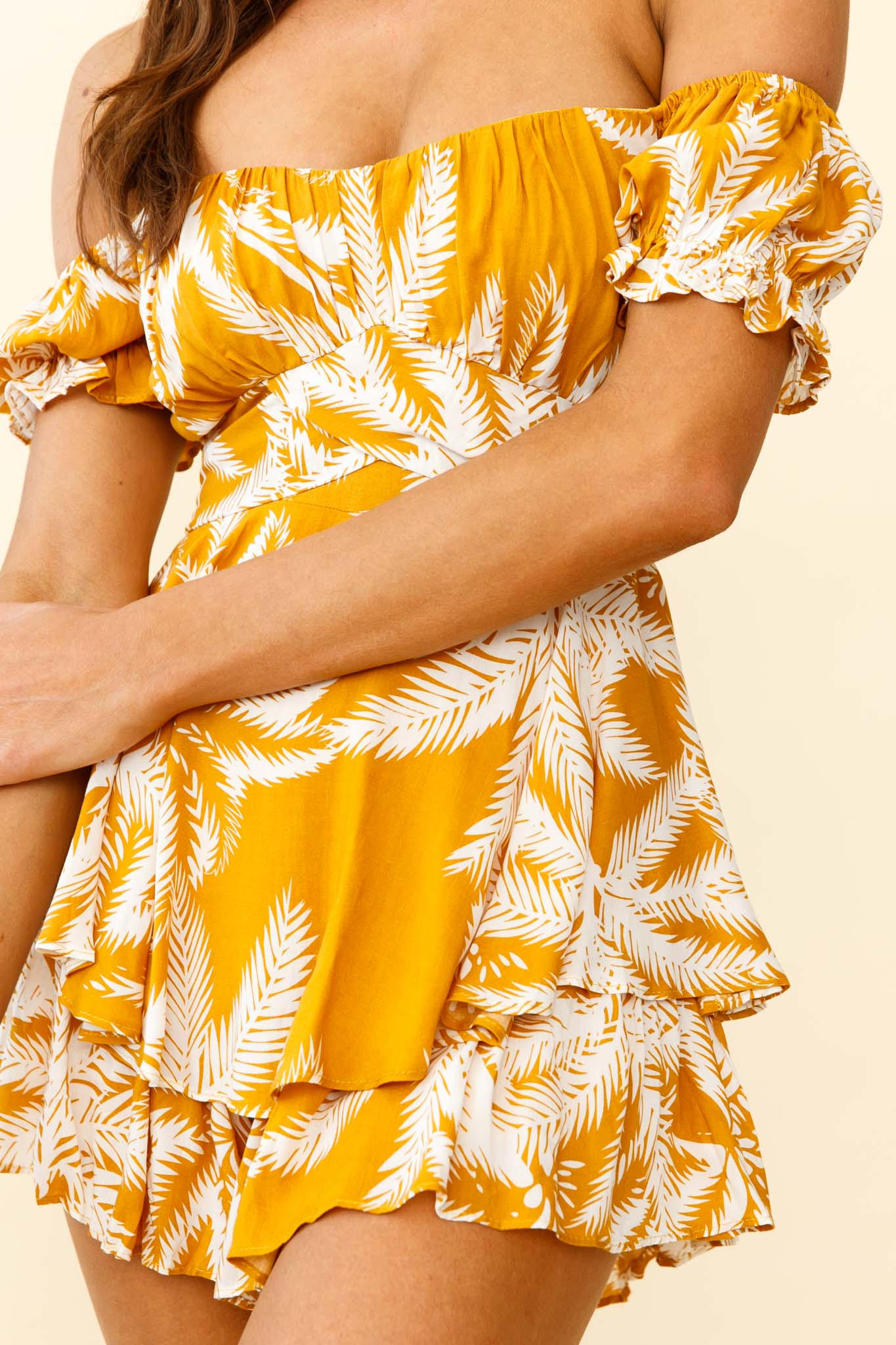 Linka Off-Shoulder Tie Back Romper Palm Print Yellow - Image 8
