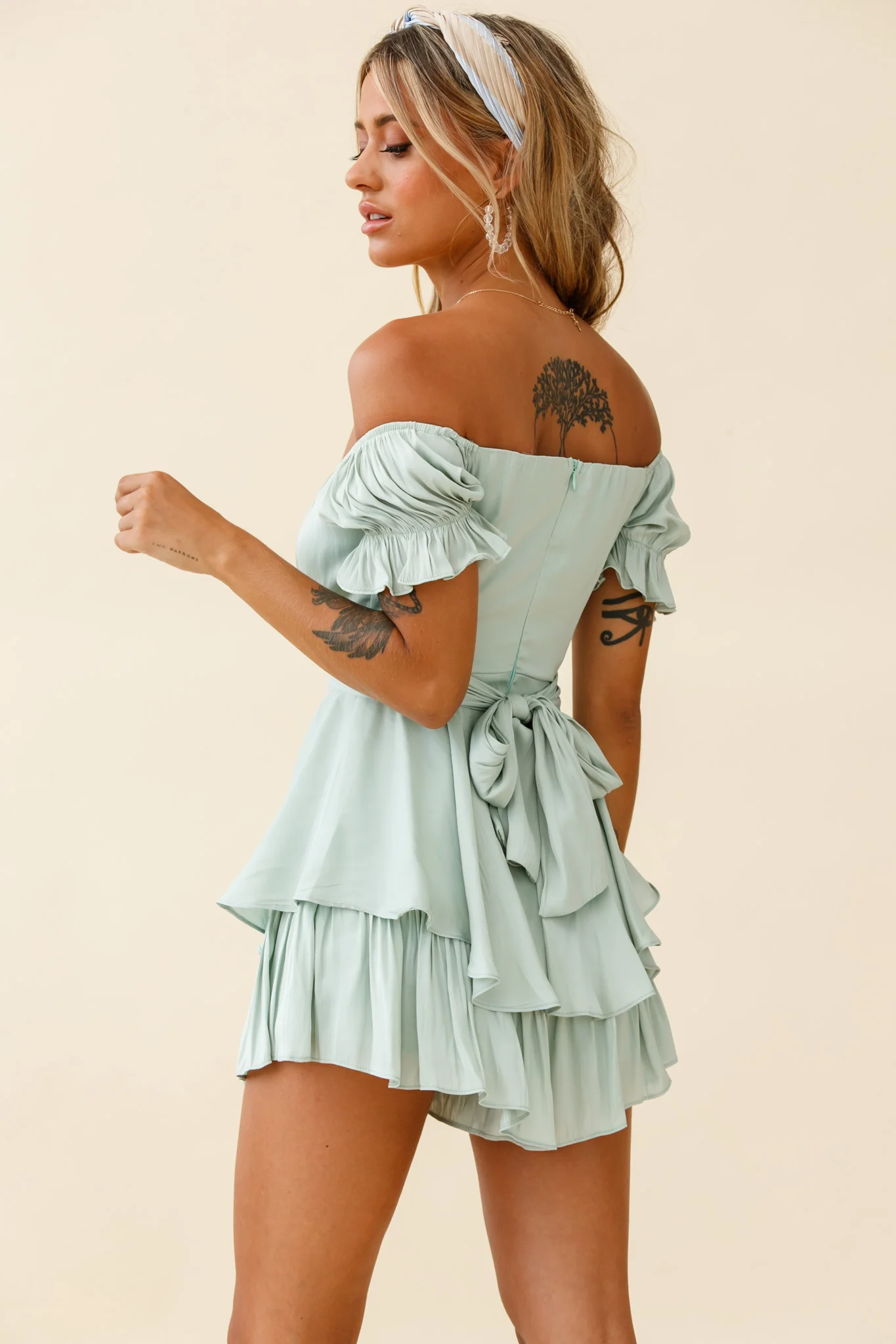 Linka Off-Shoulder Tie Back Romper Pistachio - Image 3
