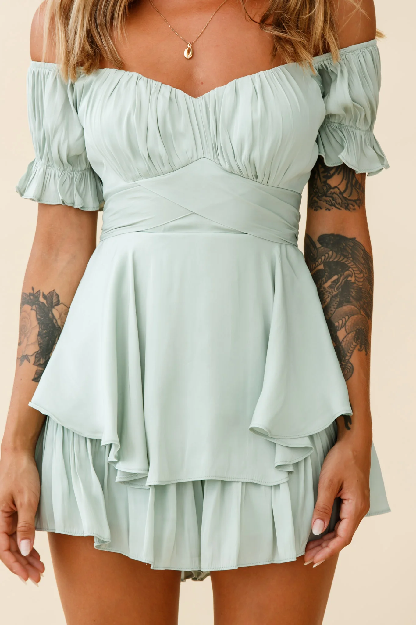 Linka Off-Shoulder Tie Back Romper Pistachio - Image 4