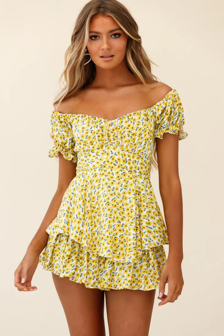 Linka Off-Shoulder Tie Back Romper Sunflower Print Yellow - Image 5