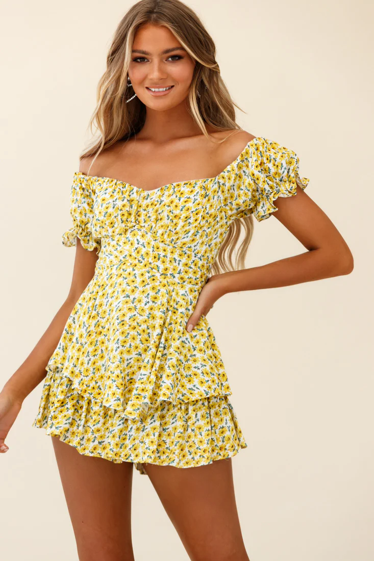 Linka Off-Shoulder Tie Back Romper Sunflower Print Yellow - Image 6