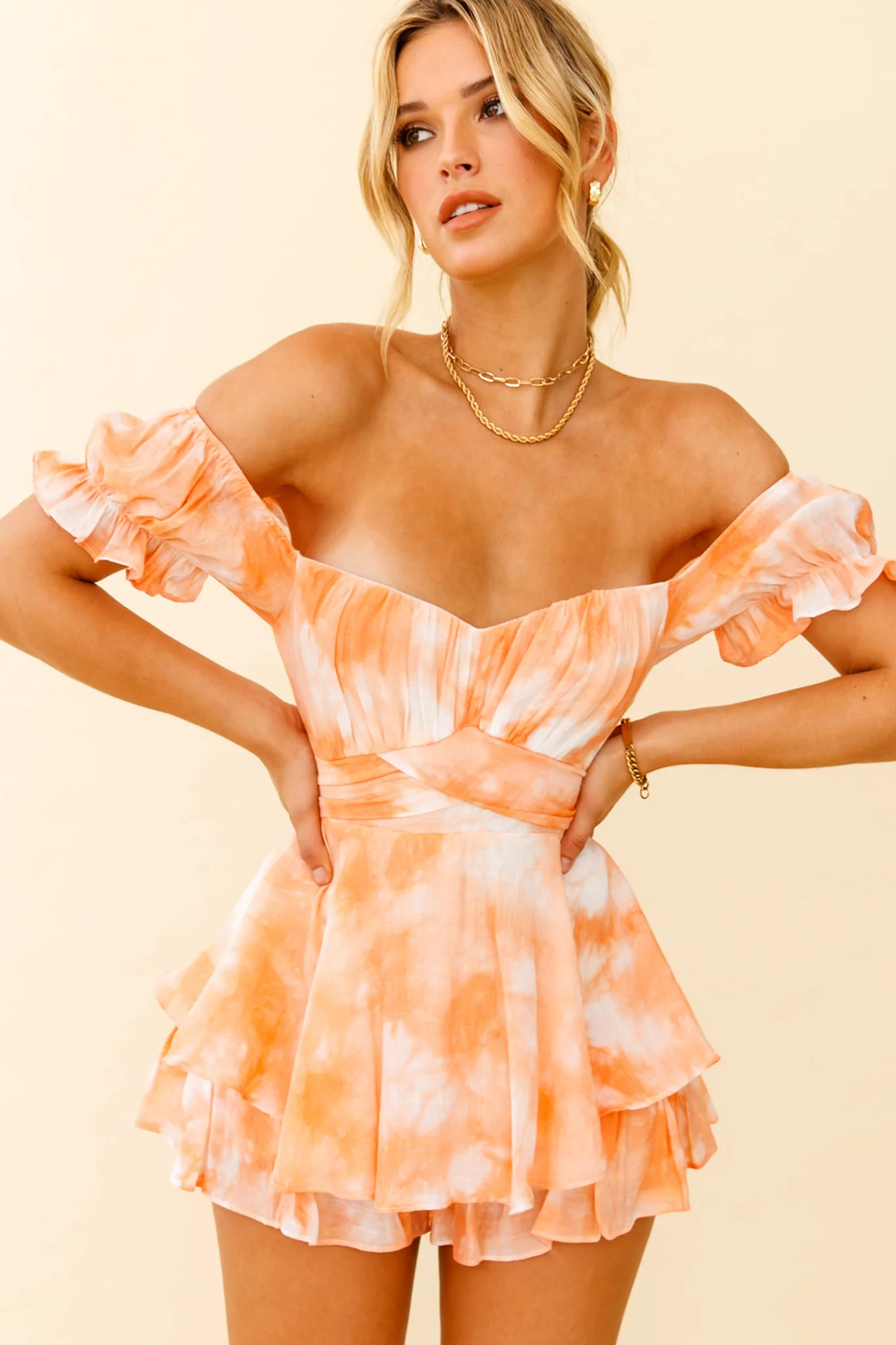 Linka Off-Shoulder Tie Back Romper Tie-Dye Orange - Image 6