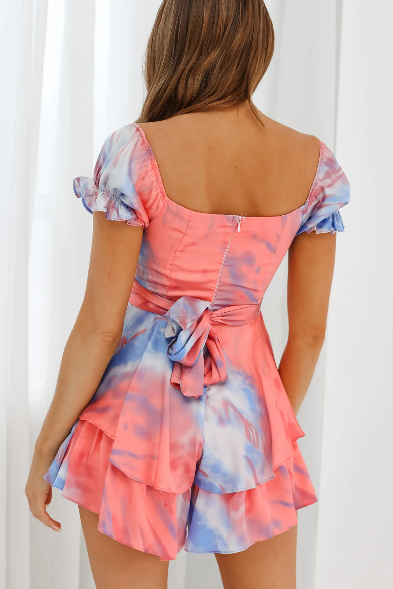 Linka Off-Shoulder Tie Back Romper Tie-Dye Pink/Blue - Image 2