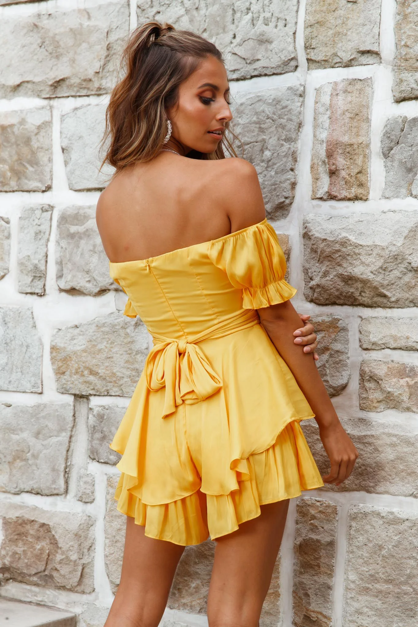 Linka Off-Shoulder Tie Back Romper Yellow - Image 3
