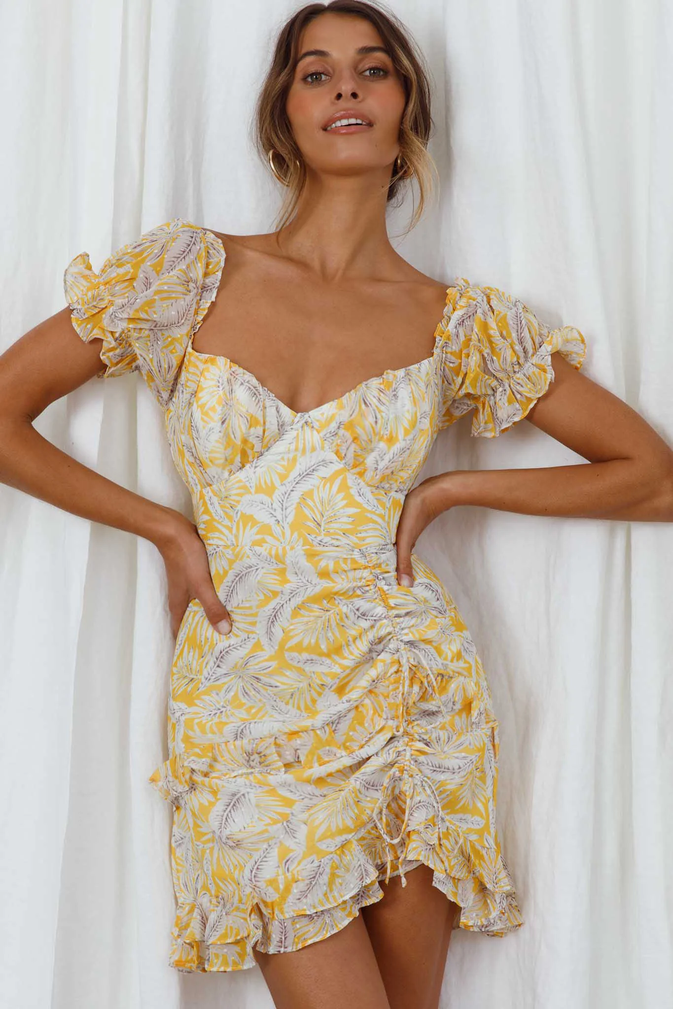 Linka Puff Sleeve Drawstring Detail Dress Palm Print Yellow - Image 5