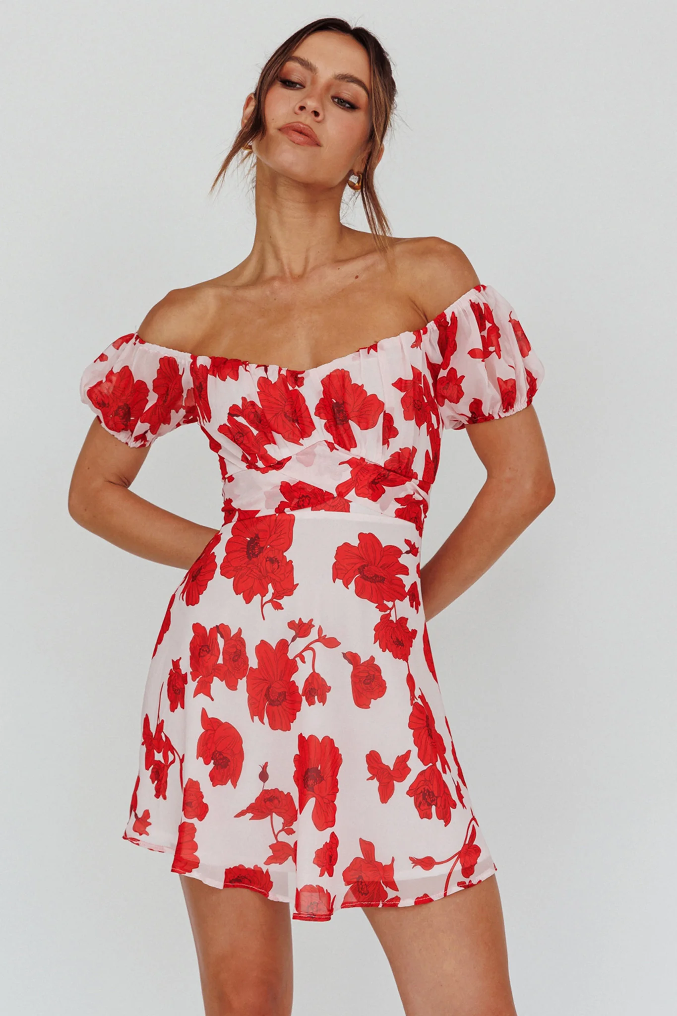 Linka Puff Sleeve Waist Tie Dress Floral Red - Image 5