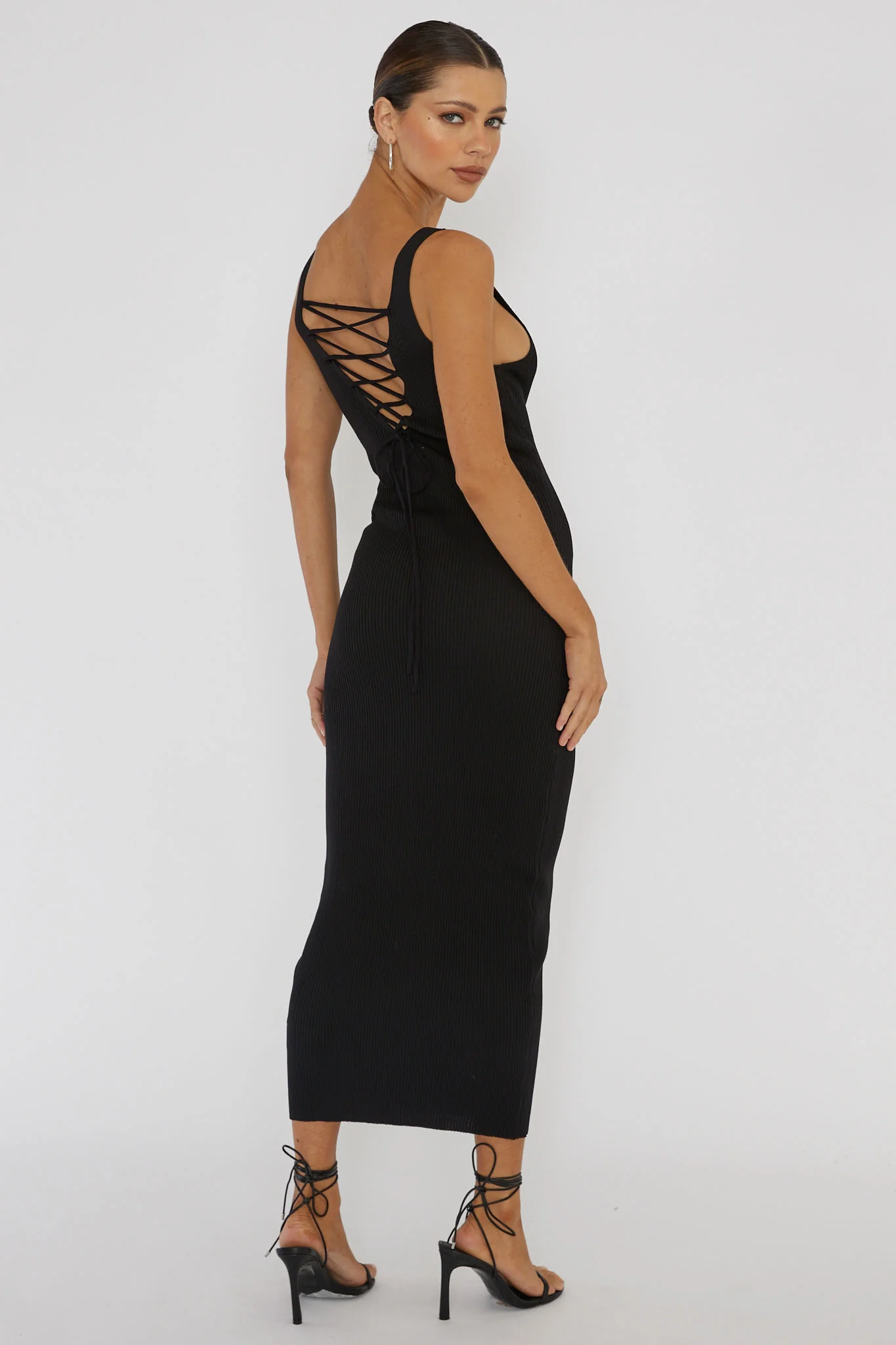 Linzi Lace-Up Back Knit Midi Dress Black - Image 2