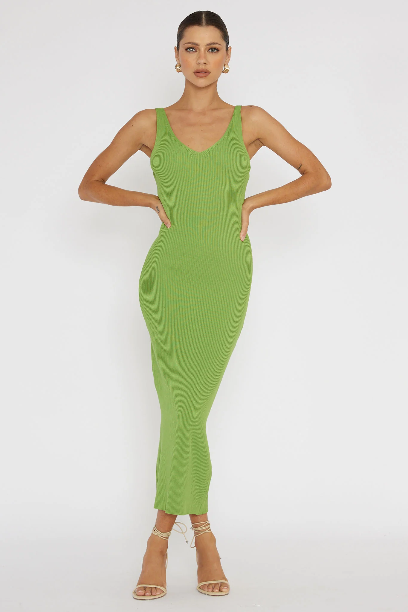 Linzi Lace-Up Back Knit Midi Dress Green - Image 3