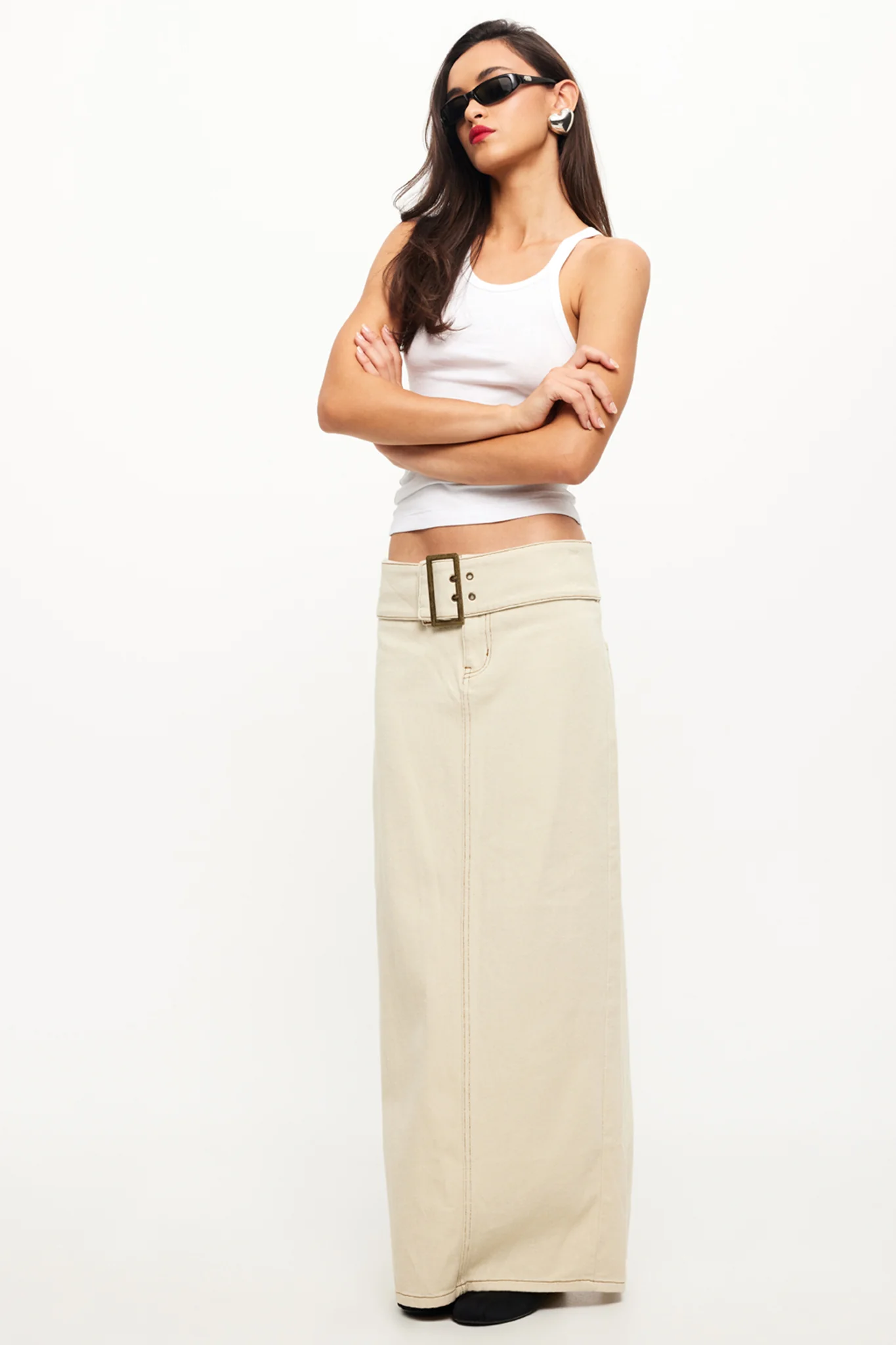 LIONESS Uma Denim Midi Skirt Ecru