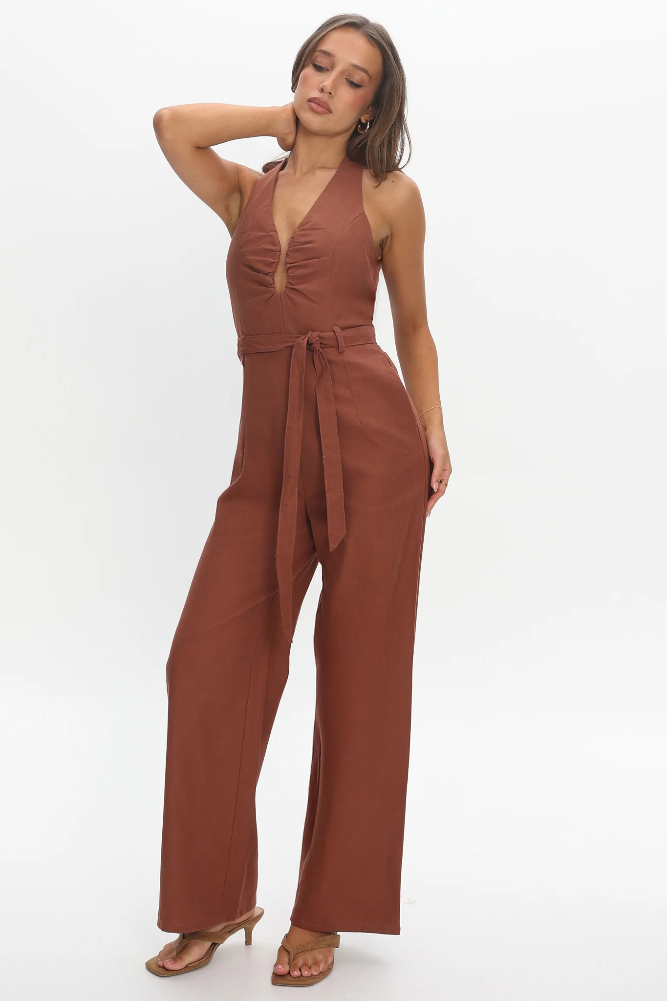 Lioren Plunging Halterneck Jumpsuit Chocolate - Image 2