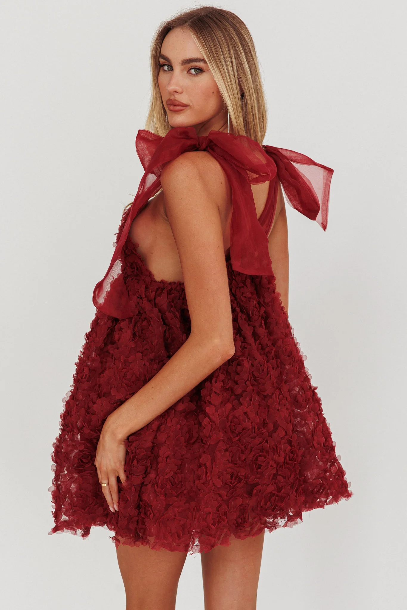 Lisette Tied Shoulder Embellished Mini Dress Wine - Image 2
