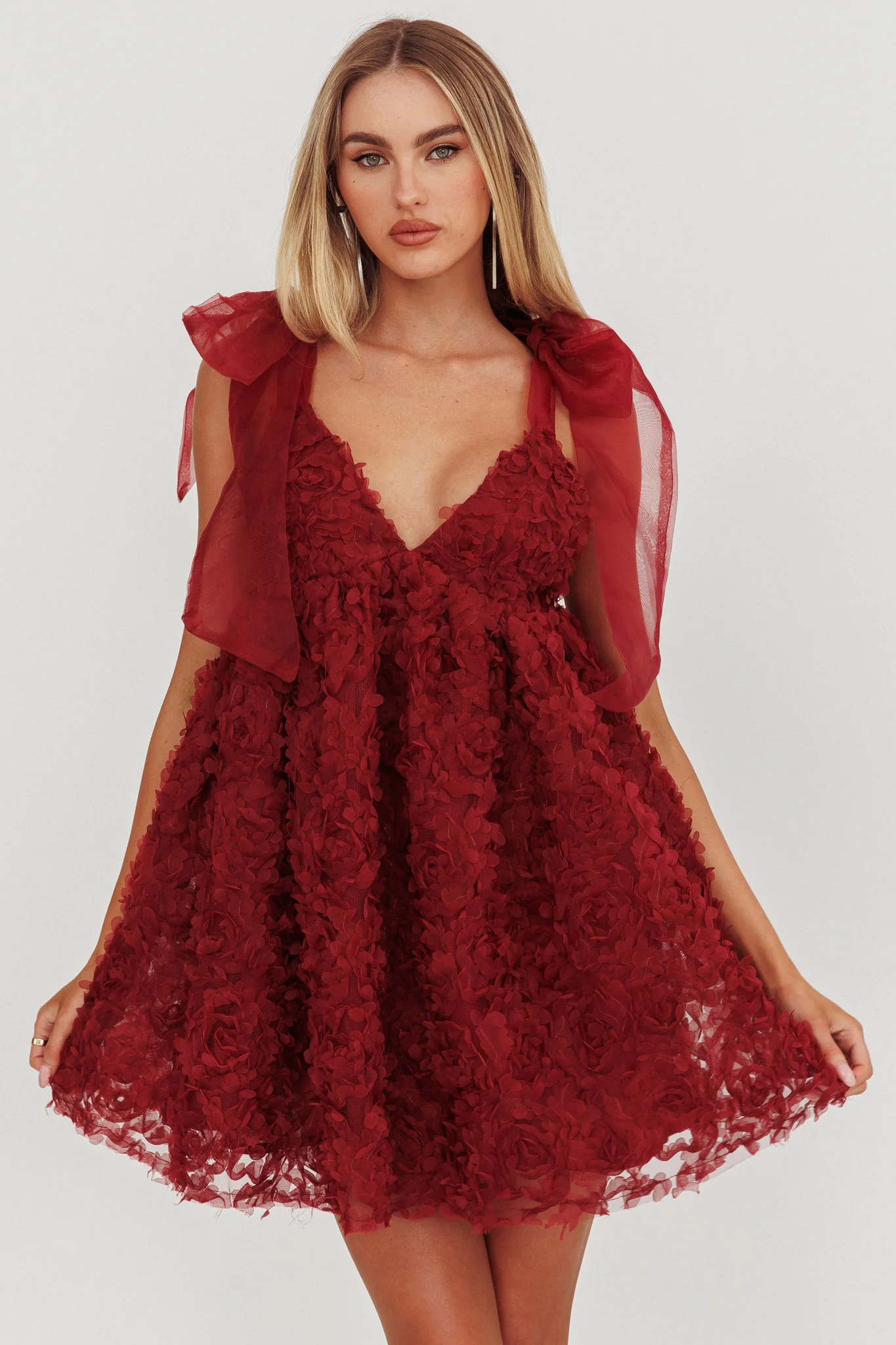 Lisette Tied Shoulder Embellished Mini Dress Wine - Image 5