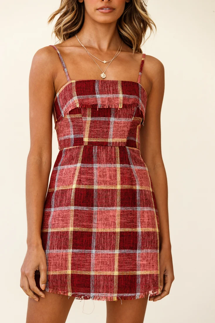 Little Miss Plaid Raw Hem Mini Dress Burgundy Multi - Image 8