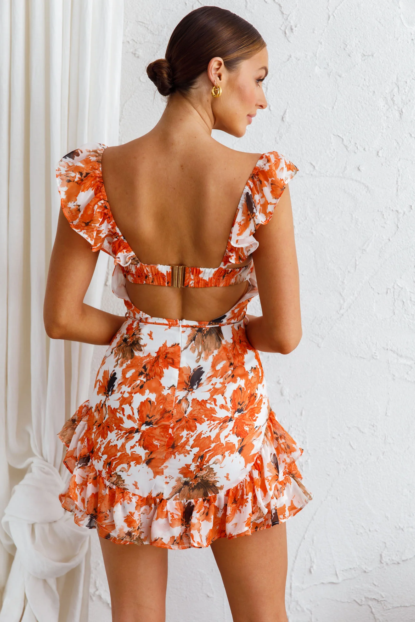 Liz Gathered Bust Frill Trim Dress Abstract Floral Orange - Image 2