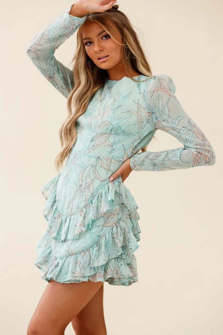 Liz Long Sleeve Double Ruffle Dress Leaf Print Mint - Image 6