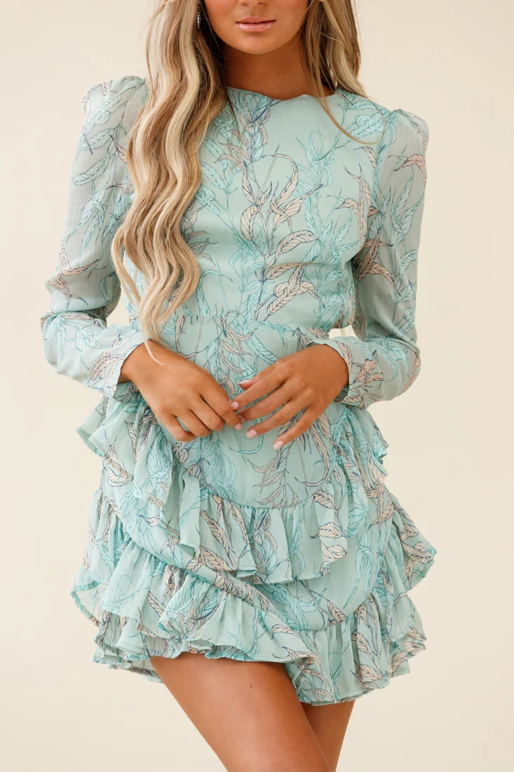 Liz Long Sleeve Double Ruffle Dress Leaf Print Mint - Image 7
