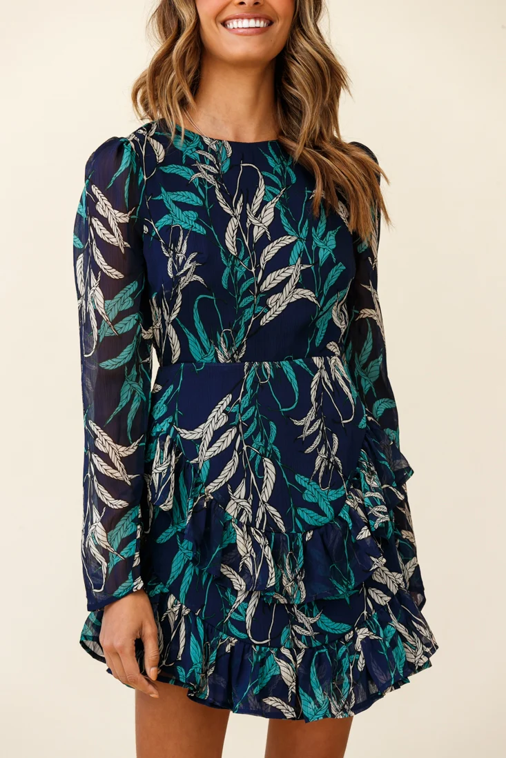 Liz Long Sleeve Double Ruffle Dress Leaf Print Navy - Image 5