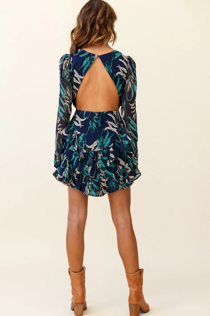 Liz Long Sleeve Double Ruffle Dress Leaf Print Navy - Image 6