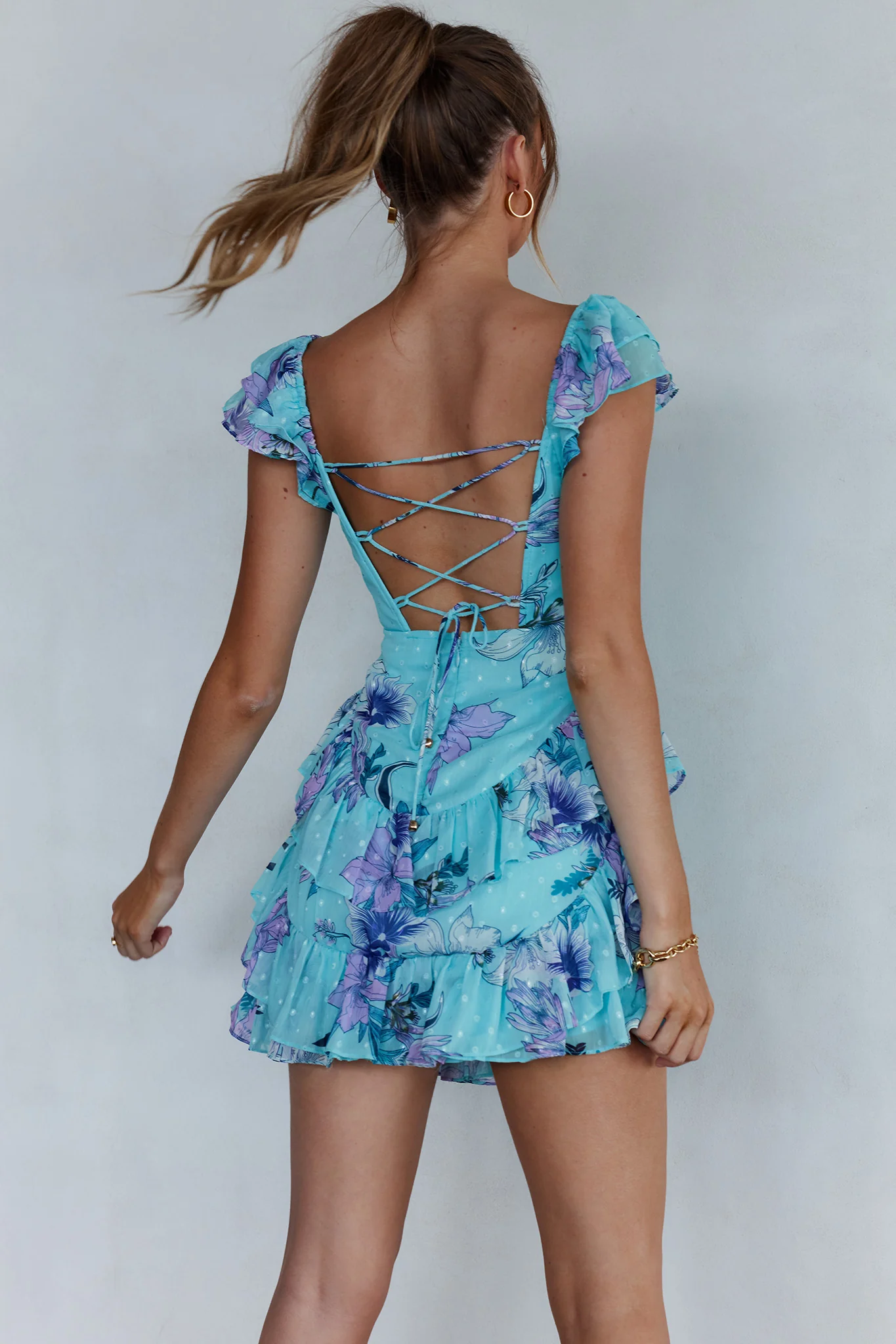 Liz Ruffle Shoulder Dress Floral Mint - Image 4