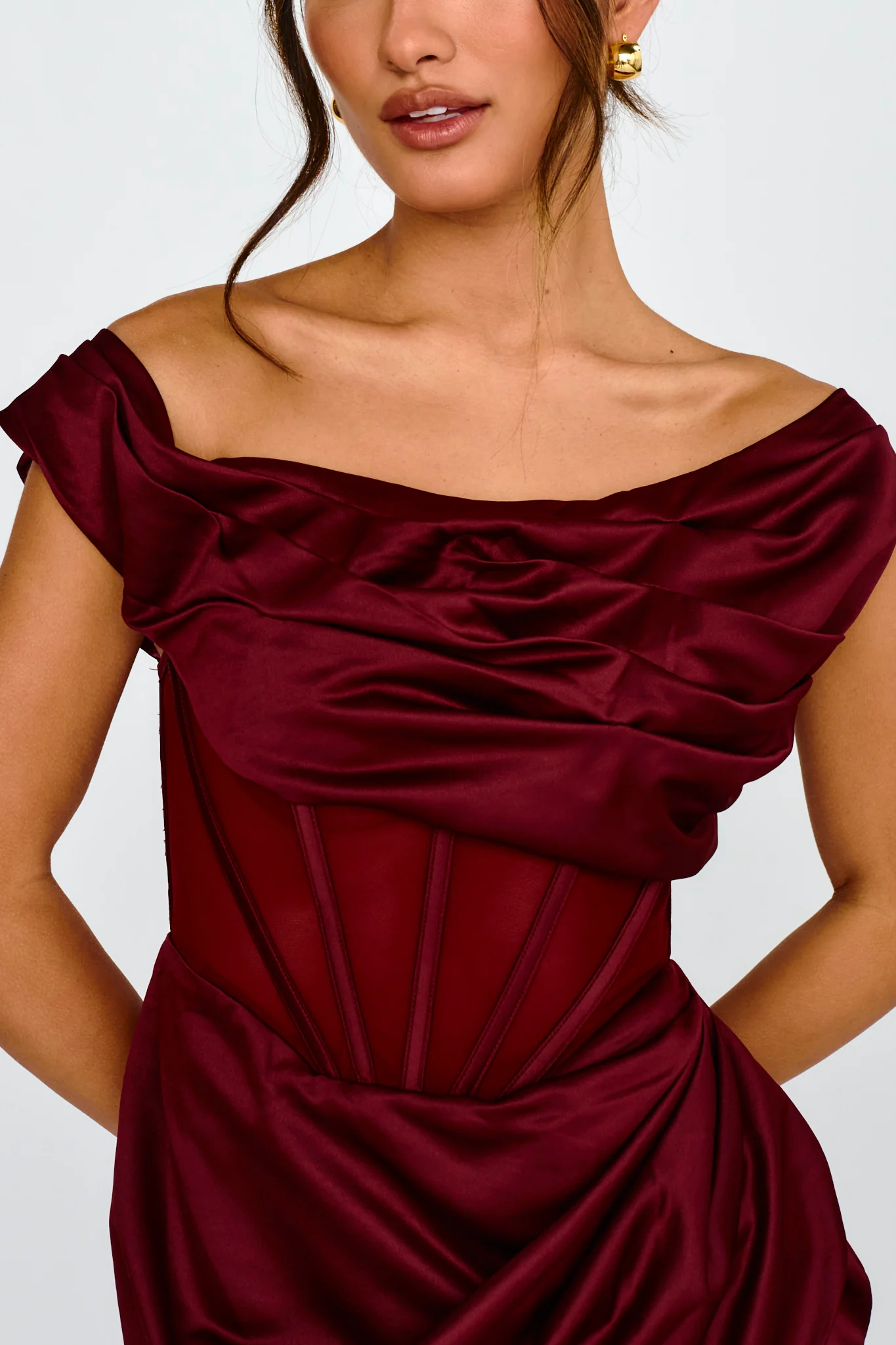 Lizetta Boat Neck Gathered Mini Dress Burgundy - Image 4