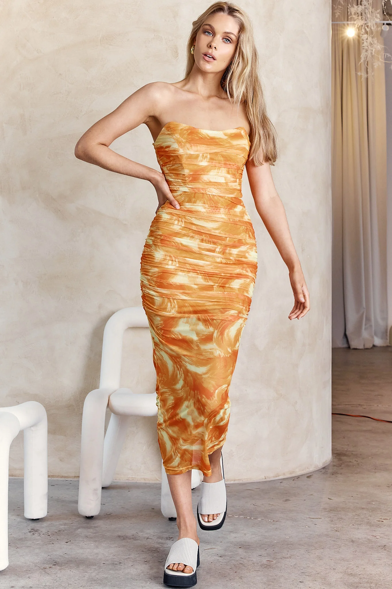 Logan Strapless Ruched Midi Dress Orange - Image 6