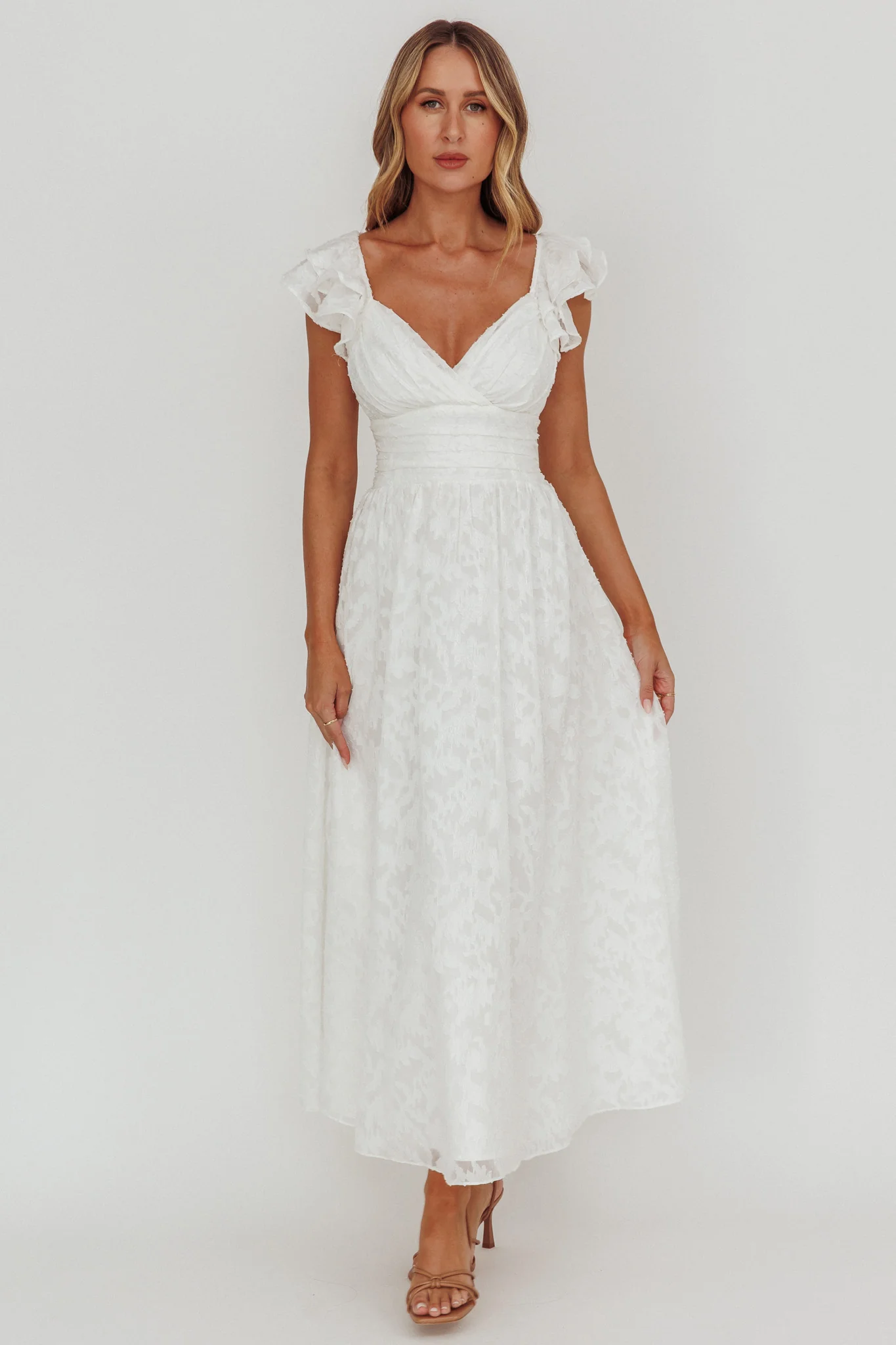 Lola Ruffle Shoulder Maxi Dress Textured White - Image 5