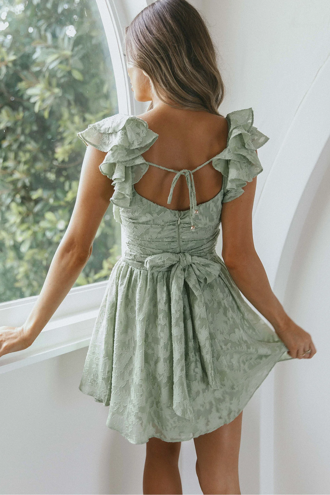 Lola Ruffle Shoulder Ruched Dress Textured Avocado - Image 2