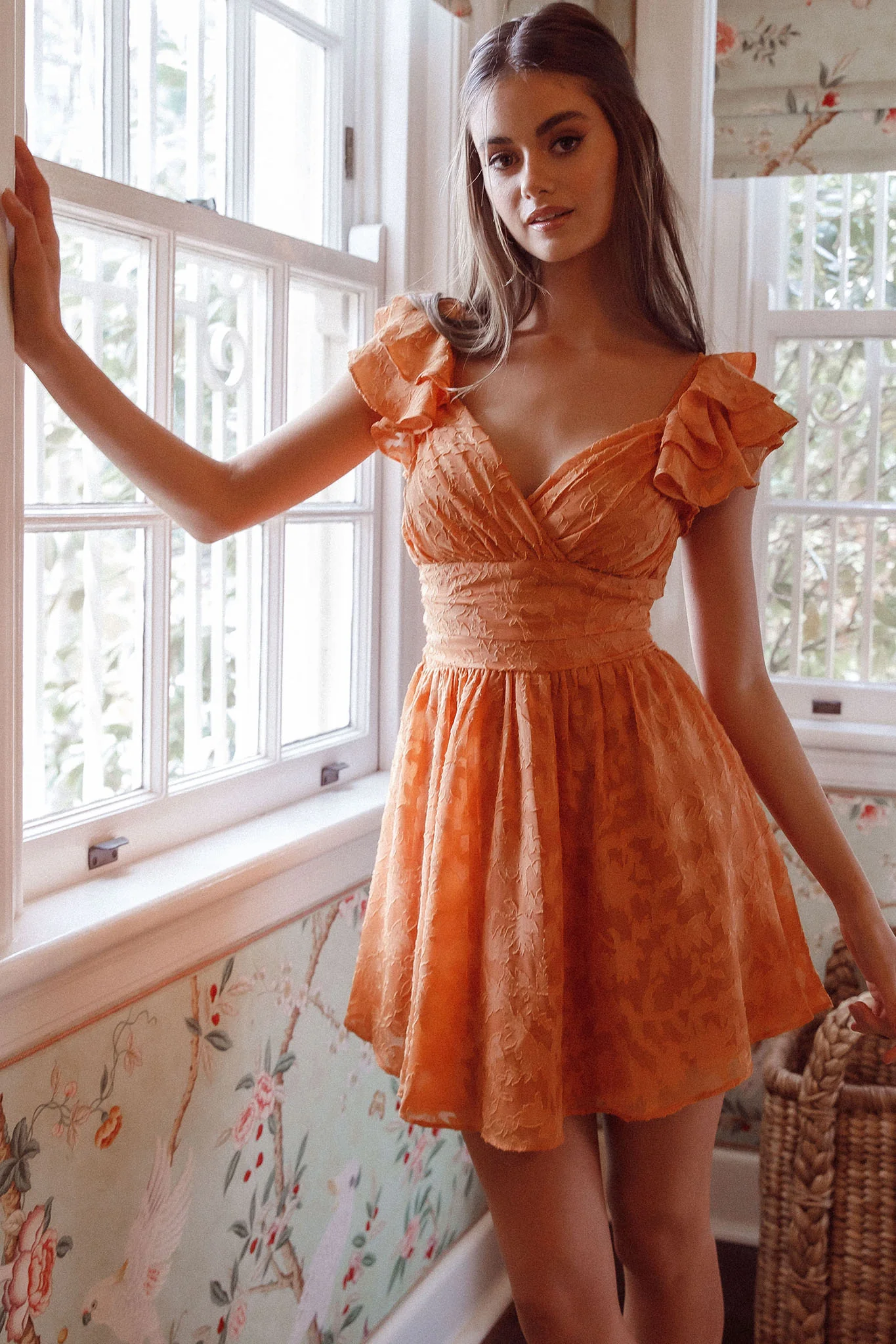 Lola Ruffle Shoulder Ruched Dress Textured Orange - Image 5