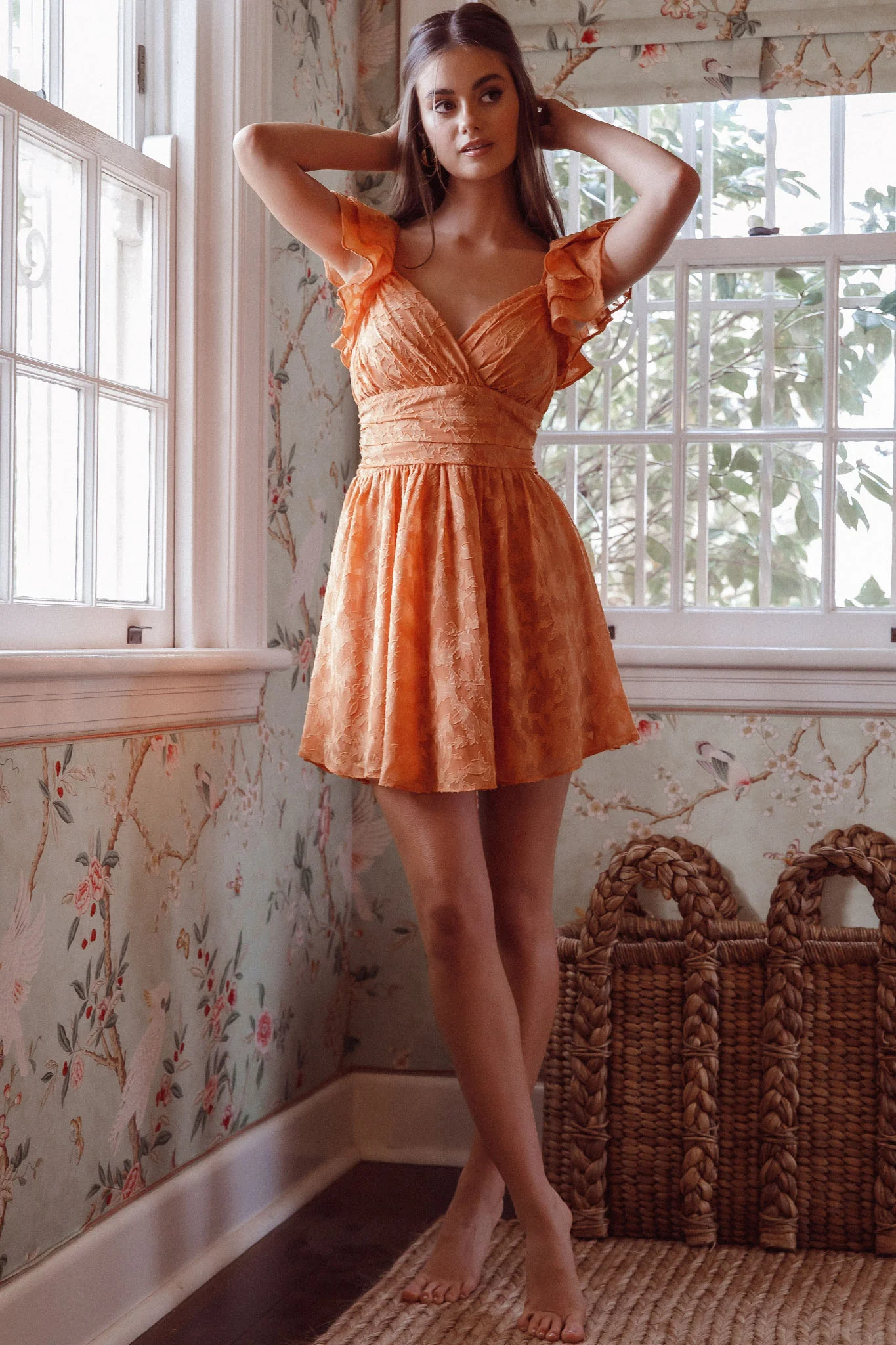 Lola Ruffle Shoulder Ruched Dress Textured Orange - Image 6
