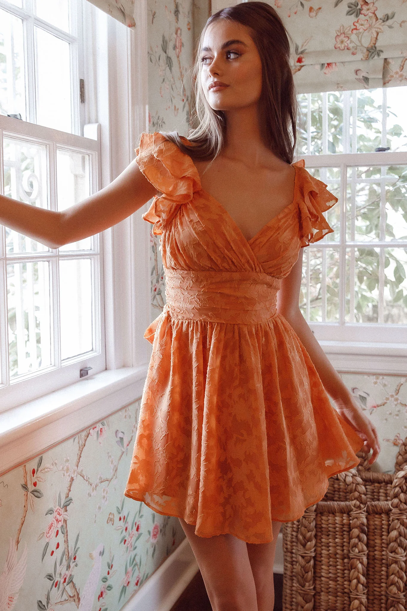 Lola Ruffle Shoulder Ruched Dress Textured Orange - Image 7