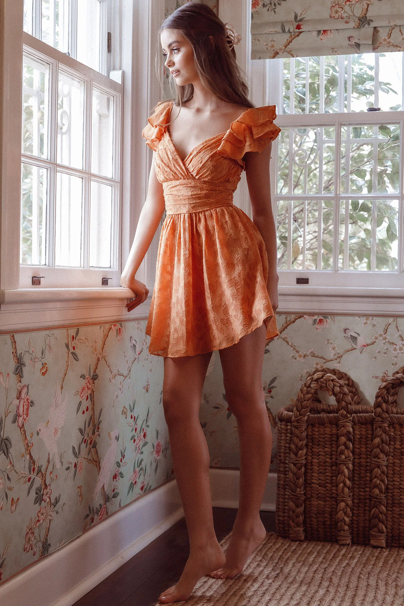 Lola Ruffle Shoulder Ruched Dress Textured Orange - Image 8