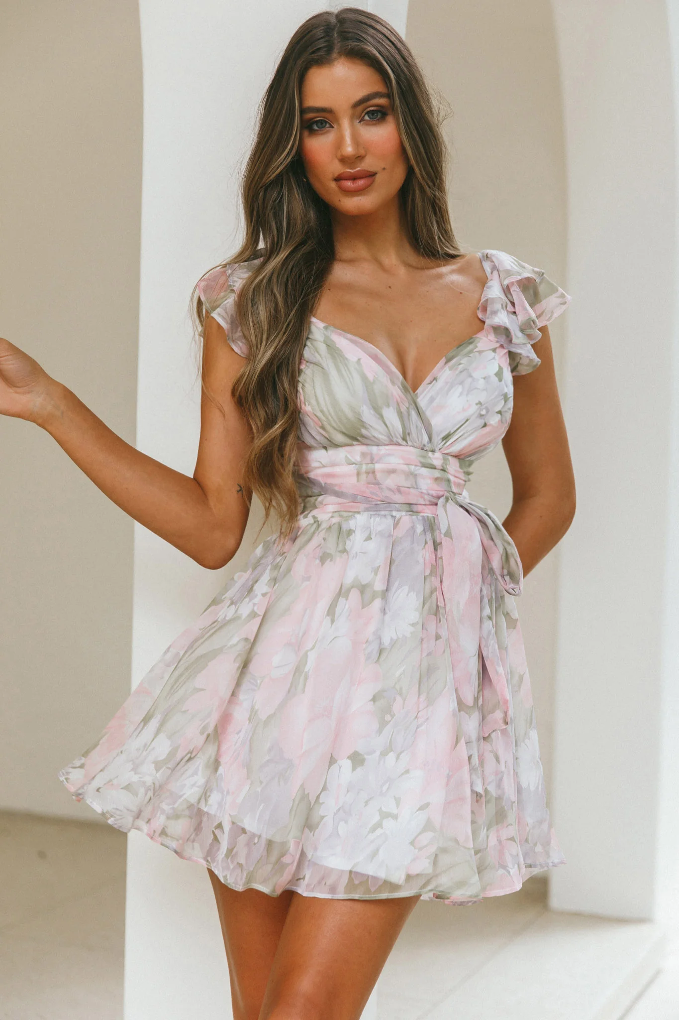 Lola Ruffle Shoulder Ruched Dress Watercolor Floral Pink Multi - Image 6