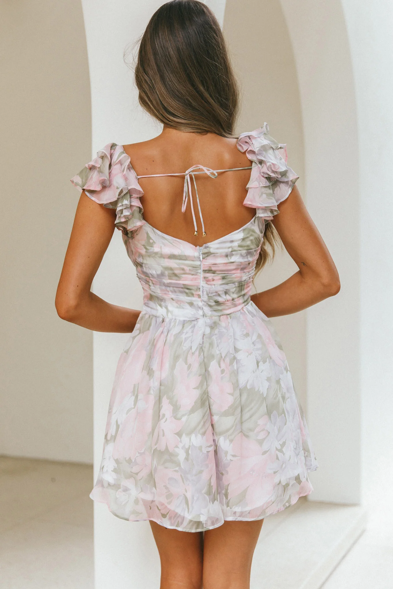 Lola Ruffle Shoulder Ruched Dress Watercolor Floral Pink Multi - Image 8