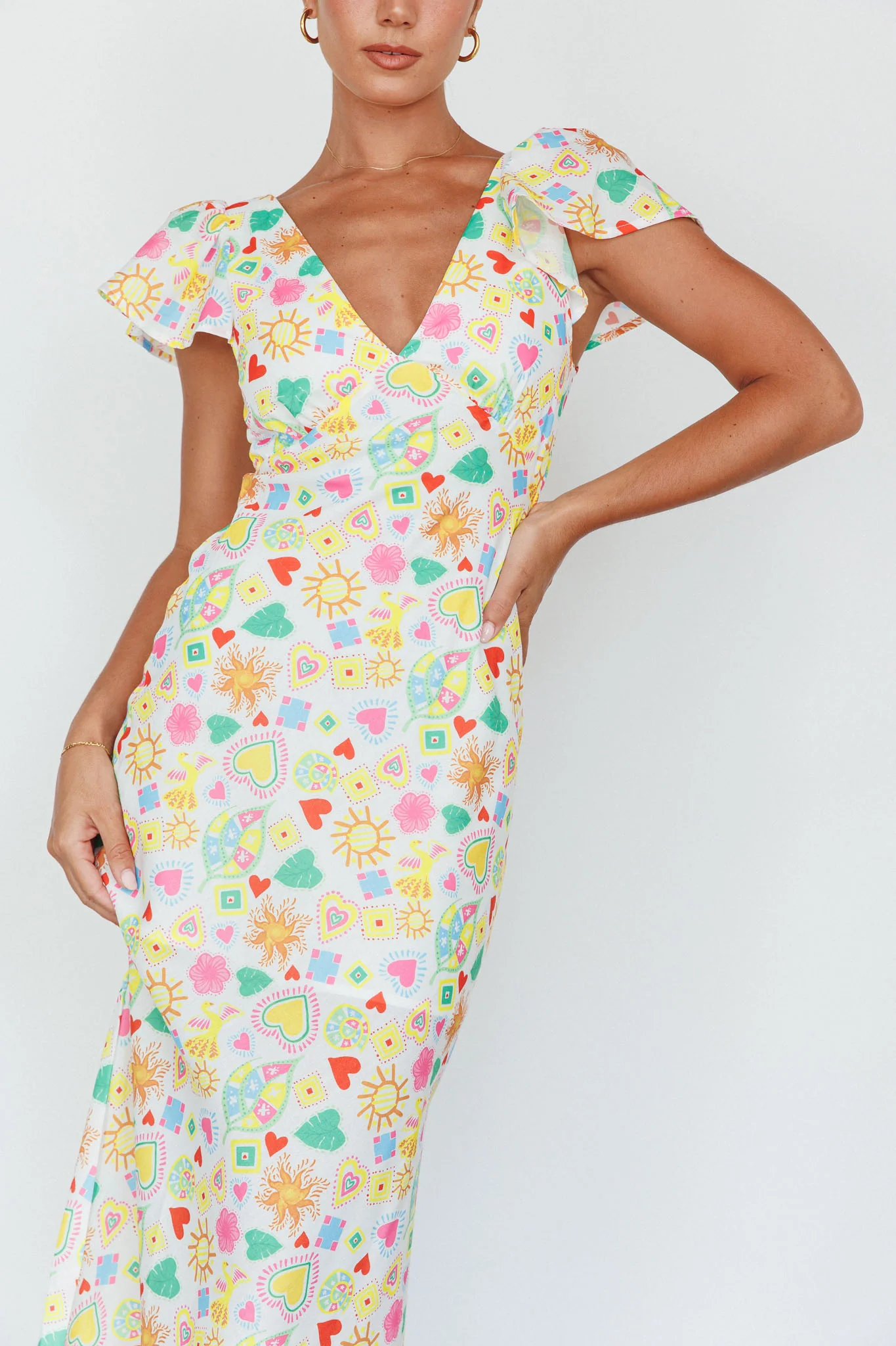 Long Summer Flutter Sleeve Maxi Dress Printed White - Image 4