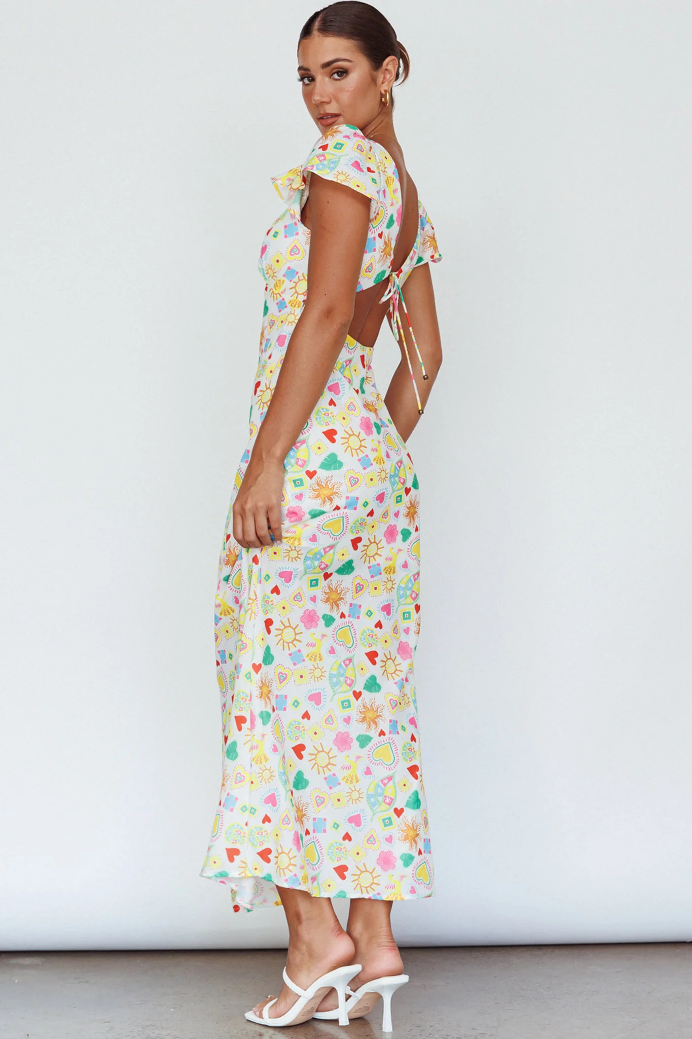 Long Summer Flutter Sleeve Maxi Dress Printed White - Image 7