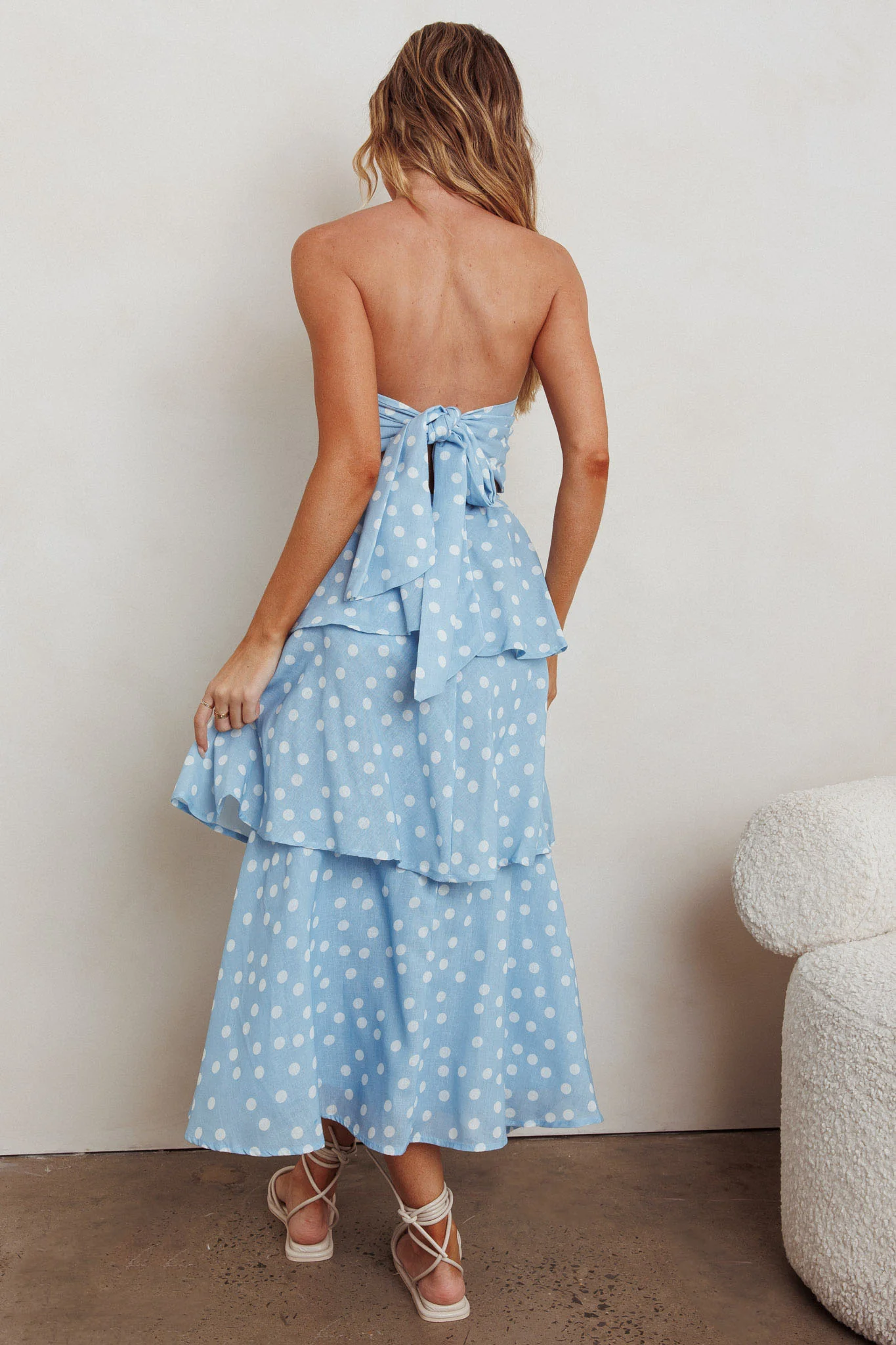 Lorcan Strapless Ruffle Dotted Midi Dress Blue - Image 3