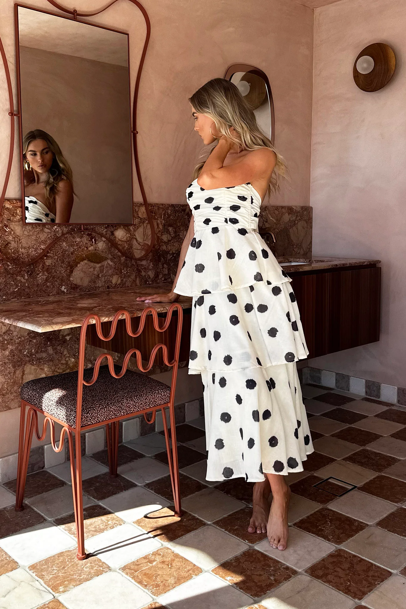 Lorcan Strapless Ruffle Dotted Midi Dress Oat - Image 8