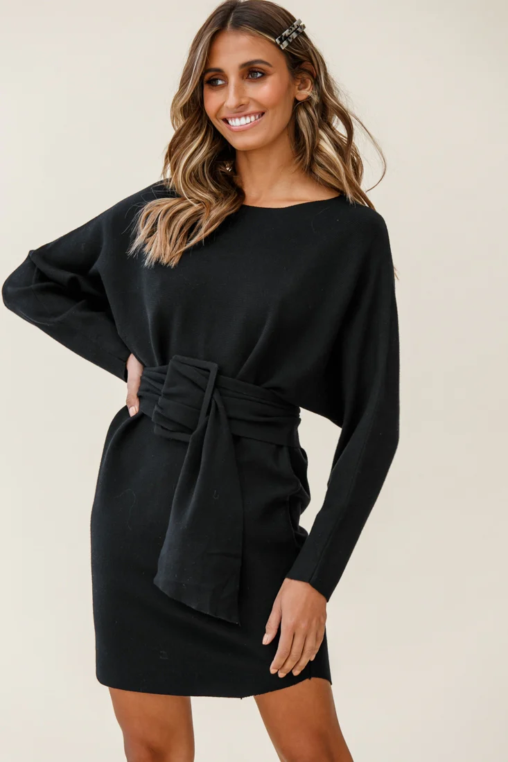 Lorelei Long Sleeve Wide Belt Knit Dress Black - Image 4