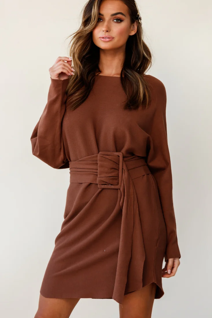 Lorelei Long Sleeve Wide Belt Knit Dress Camel - Image 5