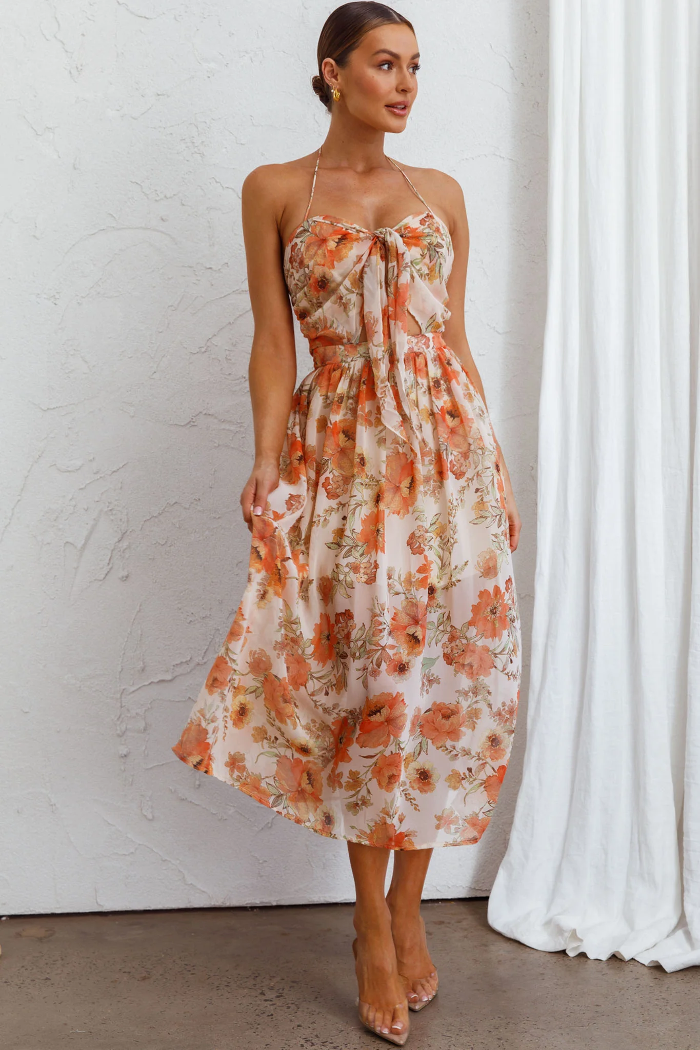 Los Feliz Tied Bust Halterneck Midi Dress Floral Beige - Image 7