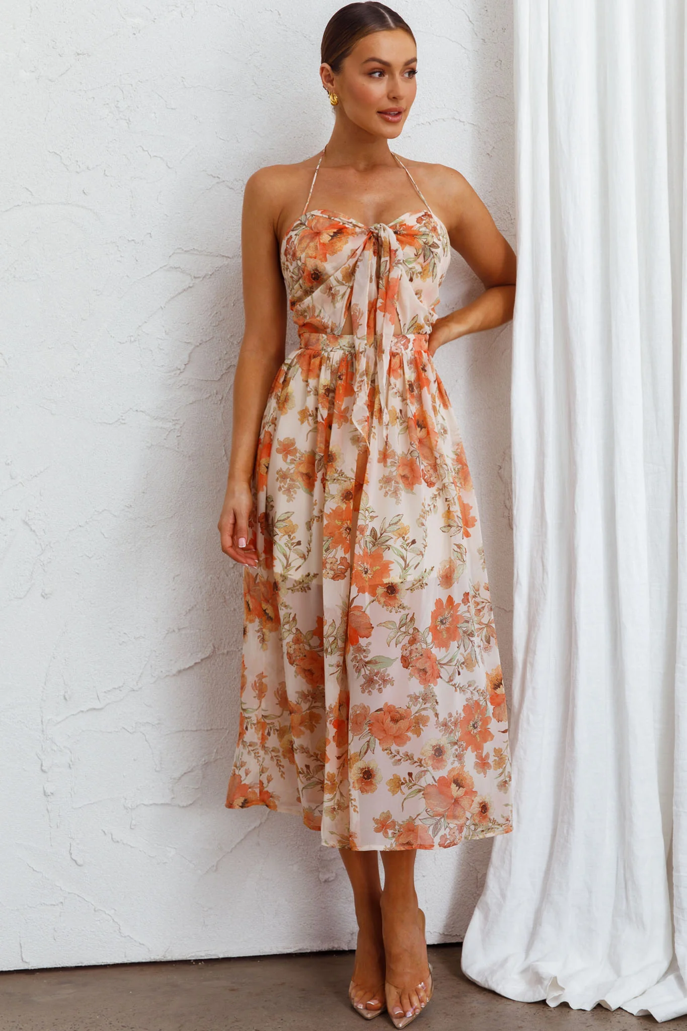 Los Feliz Tied Bust Halterneck Midi Dress Floral Beige - Image 8