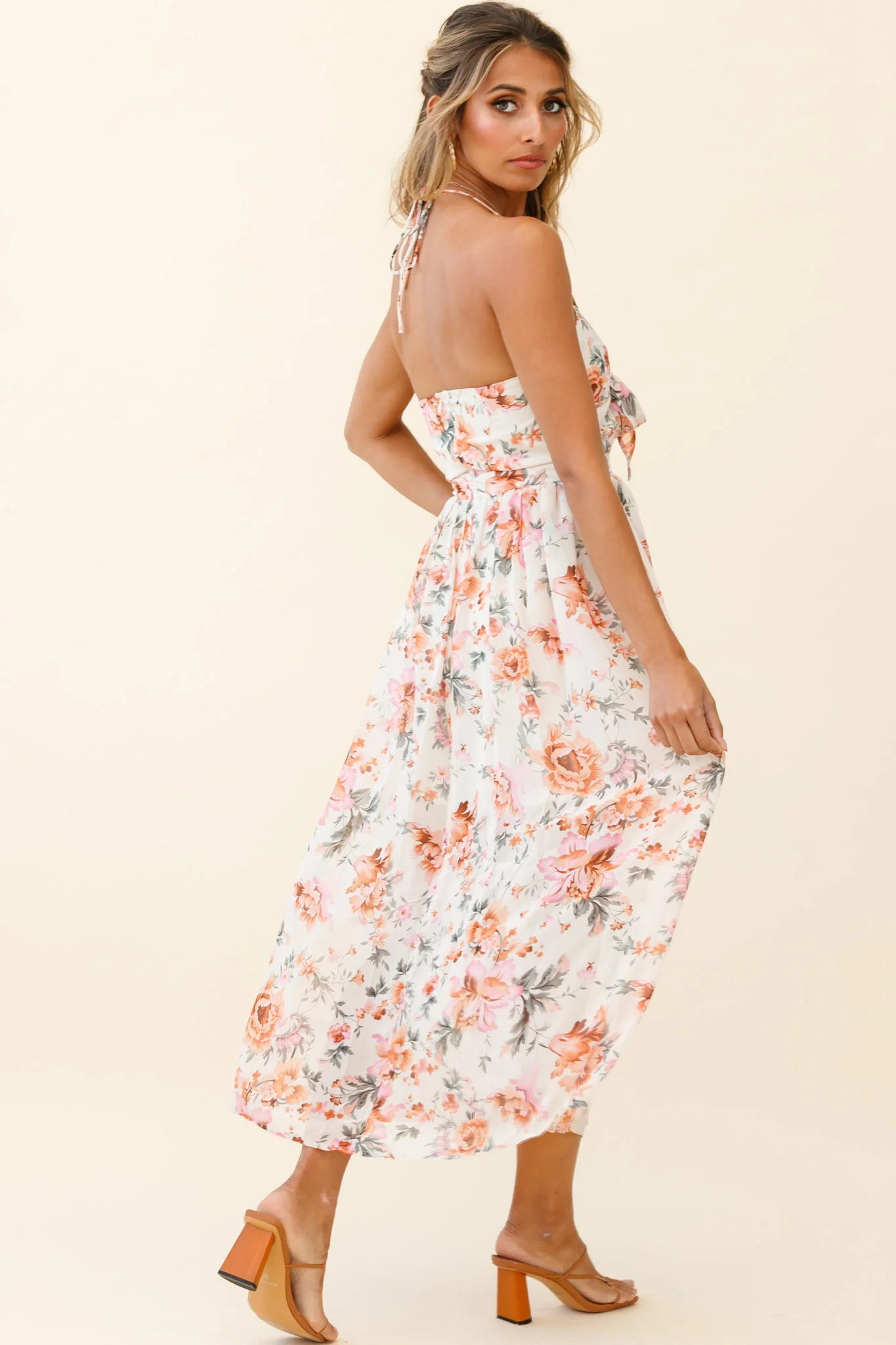 Los Feliz Tied Bust Halterneck Midi Dress Floral Print Pink - Image 2