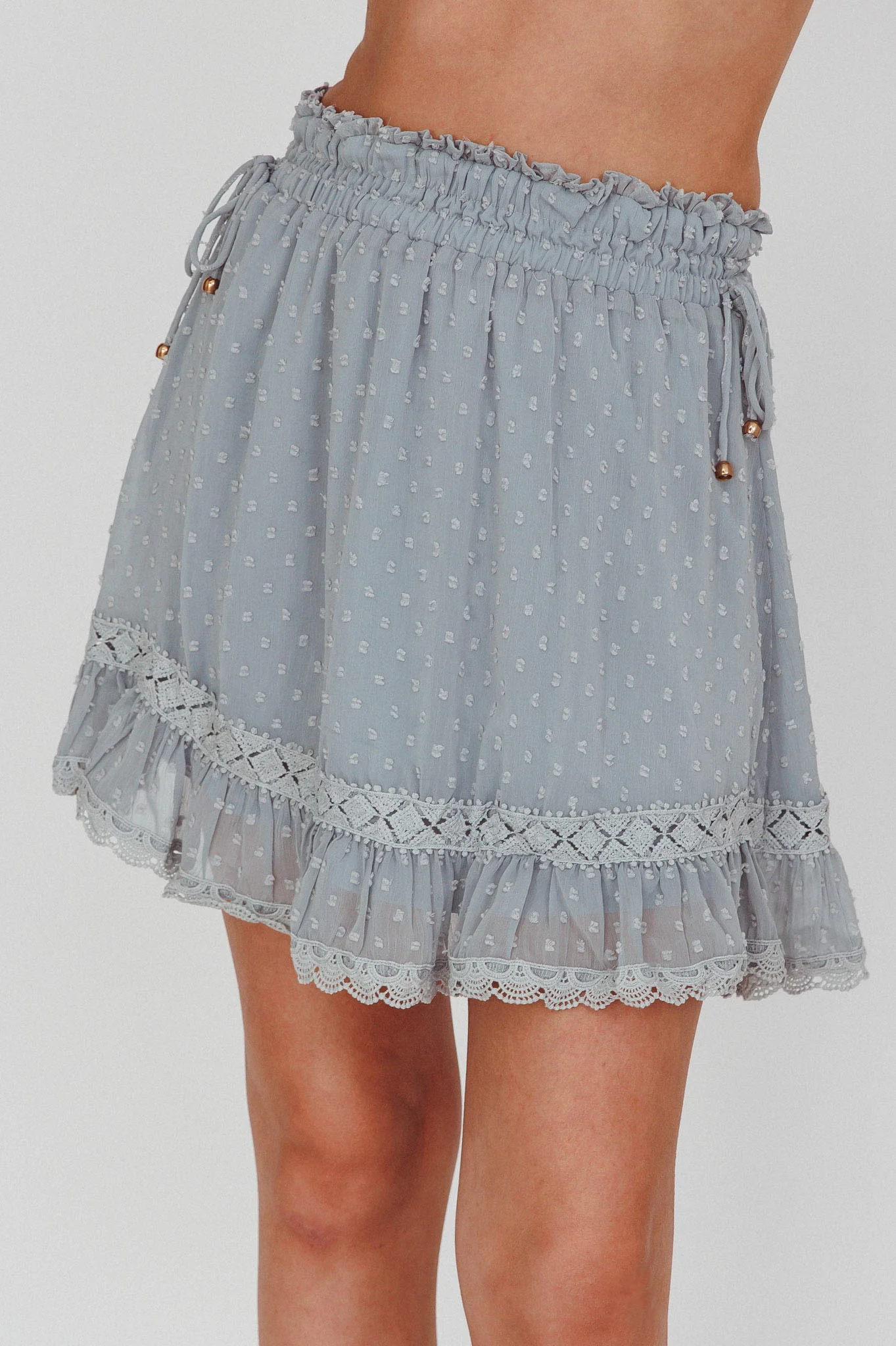 Louella Elasticated Waist Lace Trim Skirt Sage - Image 4