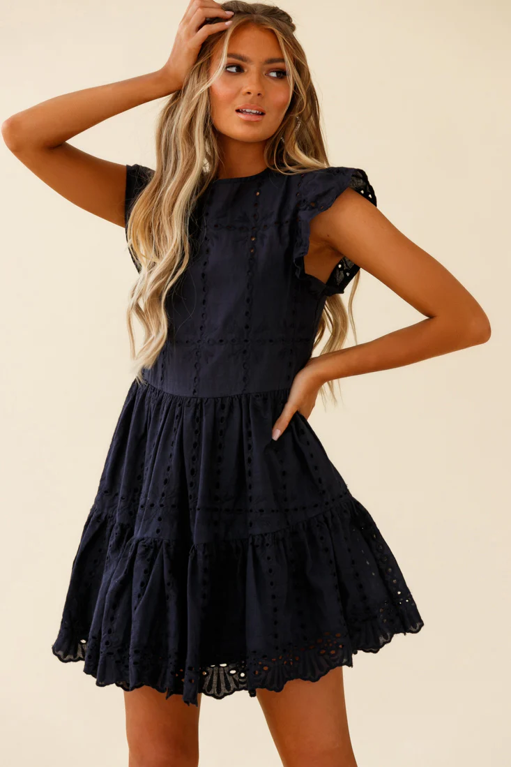 Louise Cap Sleeve Eyelet Embroidery Dress Navy - Image 6