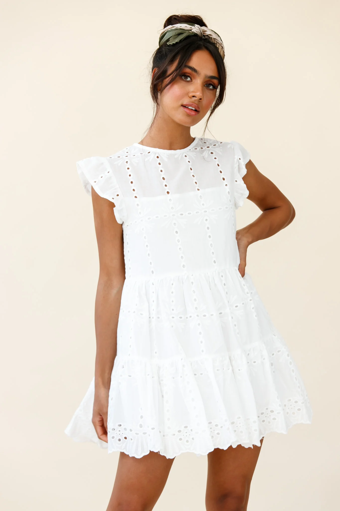 Louise Cap Sleeve Eyelet Embroidery Dress White - Image 6