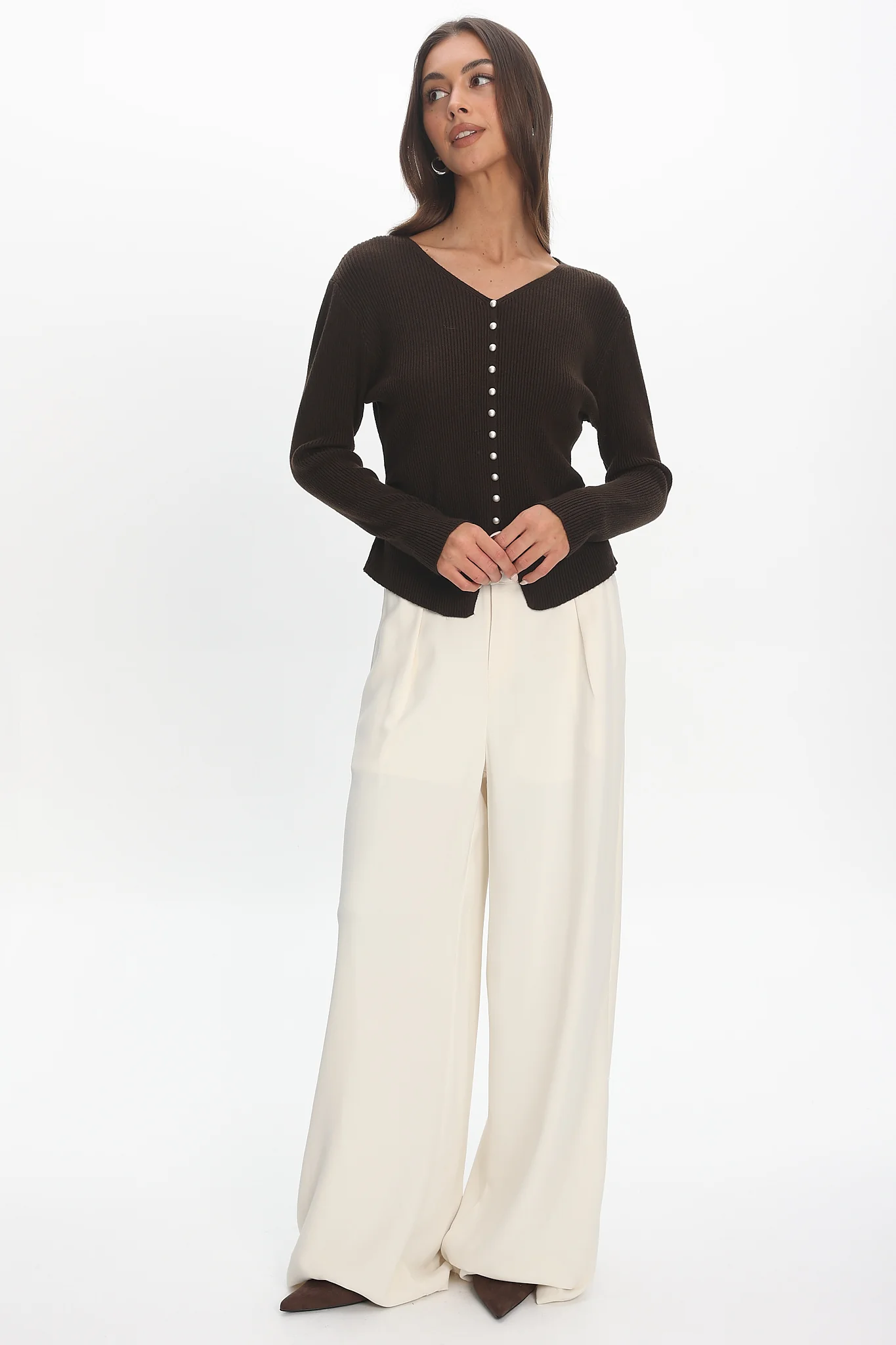 Louiz Button Front Ribbed Knit Cardigan Chocolate - Image 2